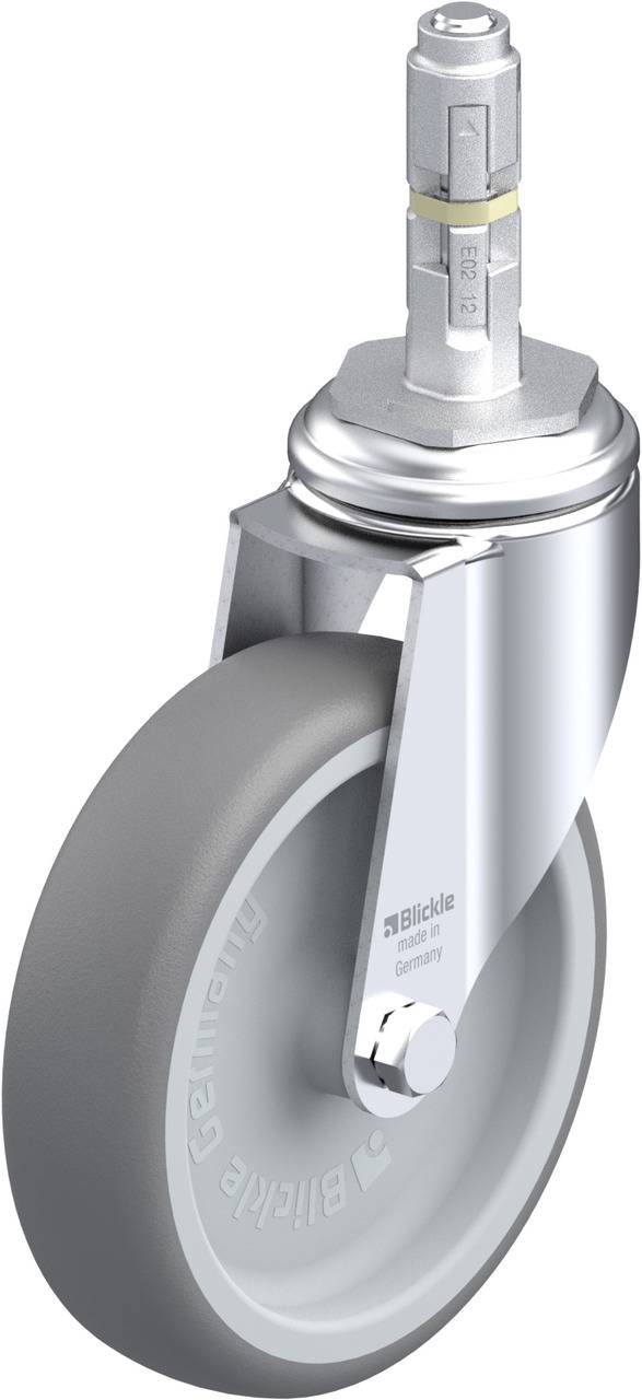 Schwenkrolle mit grauem Rad, metallischem Gehäuse und drehbarem Metallbolzen oben. Geeignet für Möbel oder Geräte.