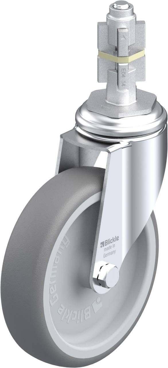 Schwenkrolle mit grauem Rad und silbernem Gehäuse, geeignet für schwere Lasten. Marke 'Blickle' erkennbar auf der Radseite.