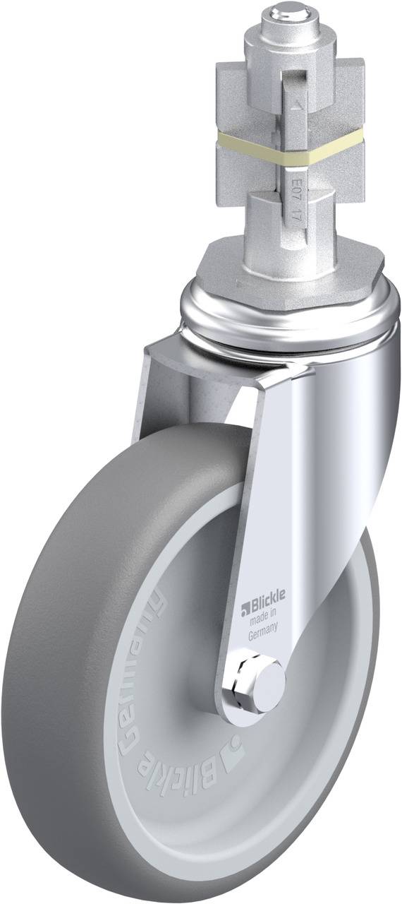 Graues Lenkrad mit silberner Halterung und Schraubbefestigung oben. Details zeigen 'Blickle' Logo.