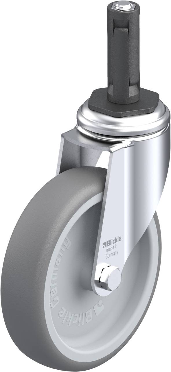 Graues Industrierad mit Gummirolle und metallischer Halterung, seitlich fotografiert. Gedacht für schwere Lasten und industrielle Anwendungen.