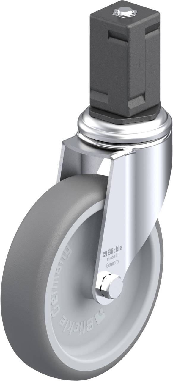 Rolle mit grauem Rad und silbernem Halter, vermutlich für Möbel oder Geräte.