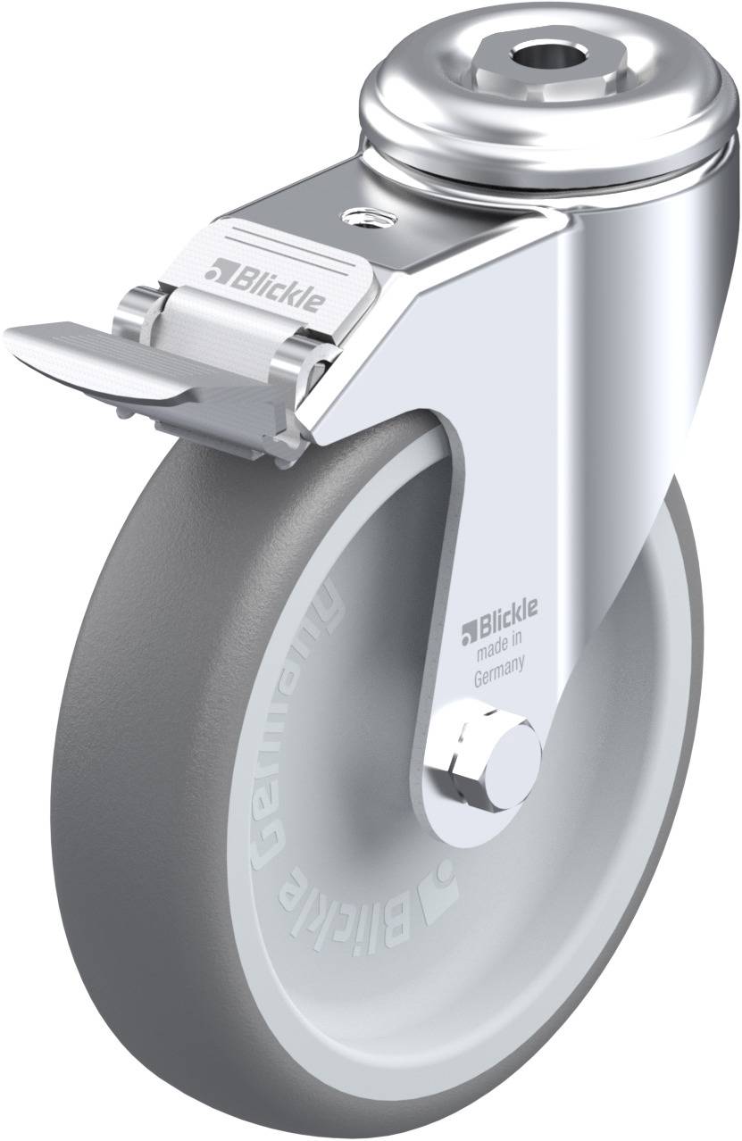 Schwenkrolle mit grauem Rad und metallenem Halter, sichtbar sind das Logo der Marke 'Blickle' und der Schriftzug 'made in Germany'.