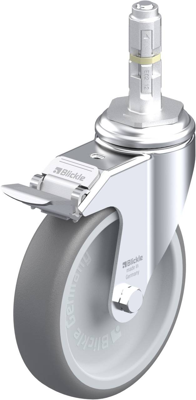 Ein silbernes Möbelrad mit grauem Reifen und Befestigungsstift von der Marke Blickle. Es hat eine Metalleinheit für Schraubbefestigung.