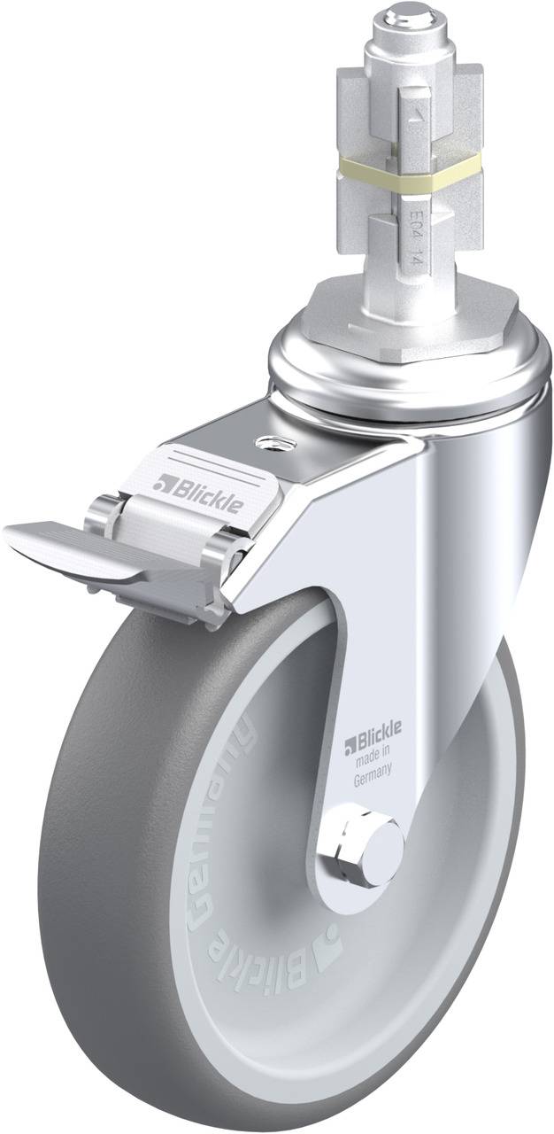 Metallenes Lenkrad mit grauem Gummirad und Bremsvorrichtung, geeignet für Transportausrüstung.