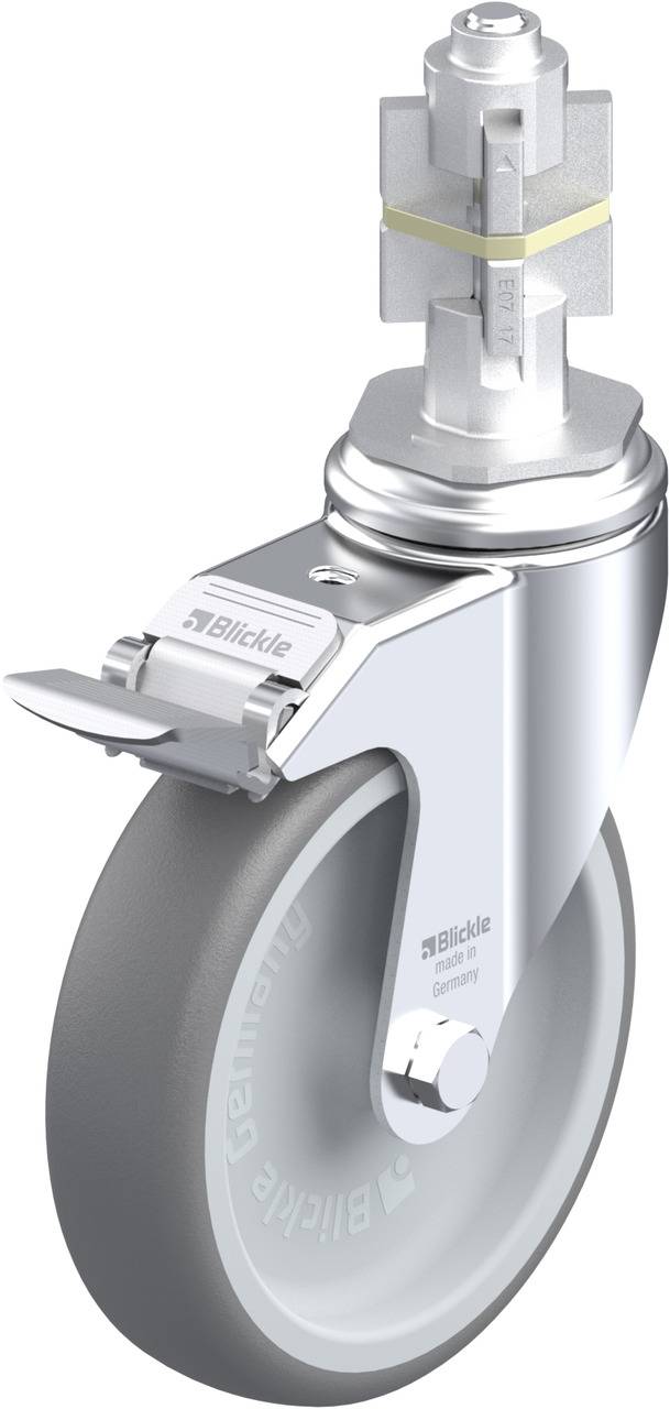 Graues Lenkrad mit Halterung und Befestigungsstift oben, geeignet für industrielle Anwendungen. Markierung 'Blickle' sichtbar auf Rad.