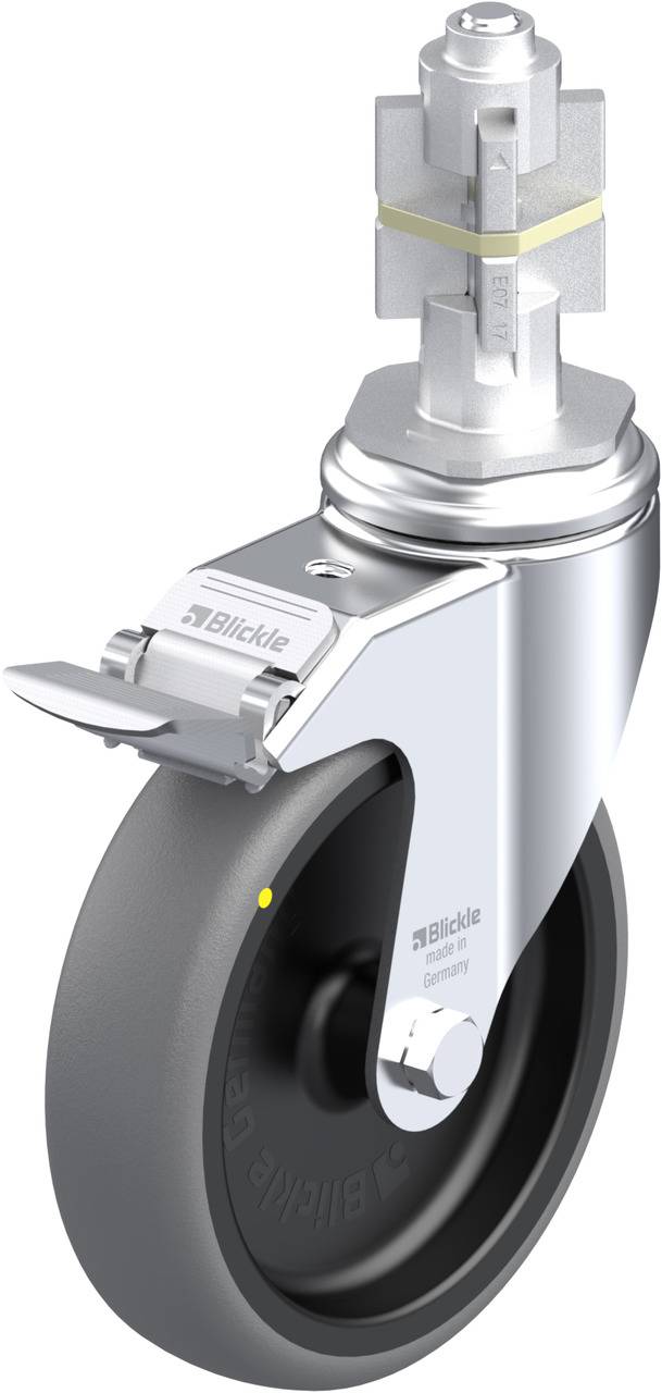 Ein schwarzes, drehbares Rad mit silberner Halterung, geeignet für den Einsatz an Möbeln oder Geräten.