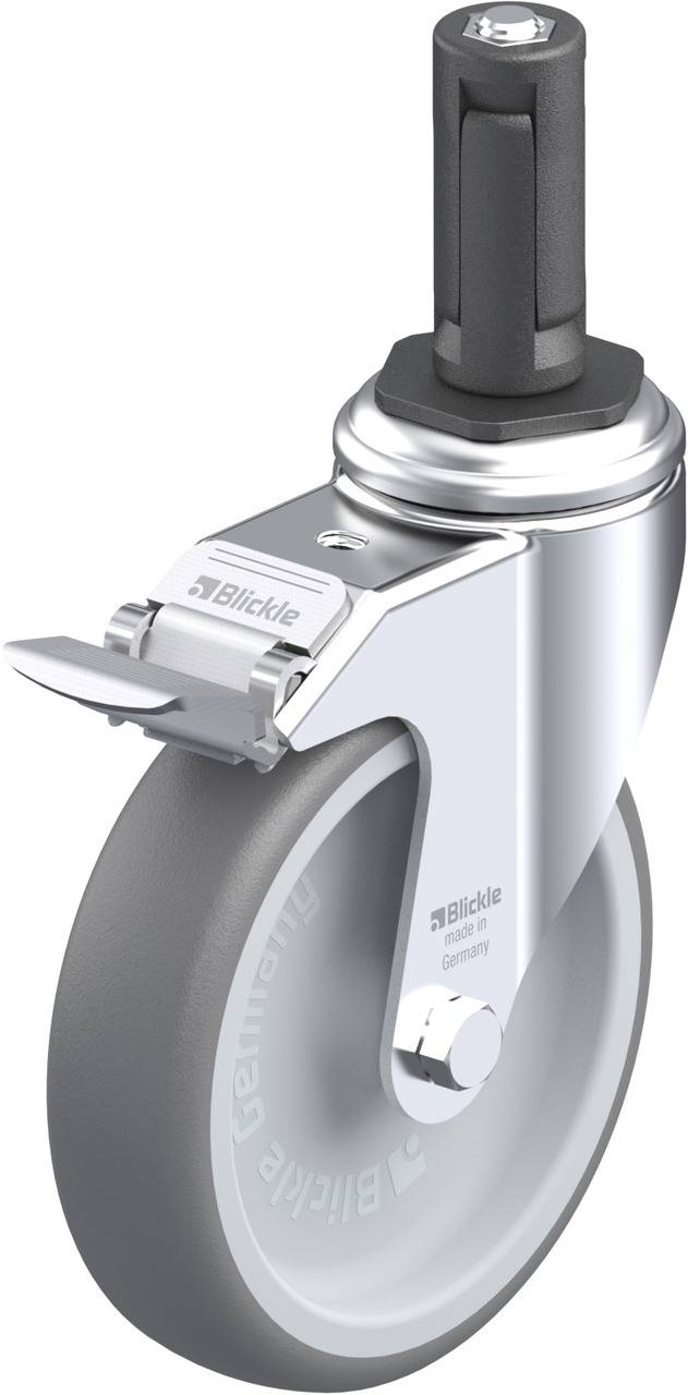 Eine graue Lenkrolle mit Bremse von Blickle, geeignet für Möbel oder Transportgeräte. Sie verfügt über einen Metallrahmen und eine Gummirolle.