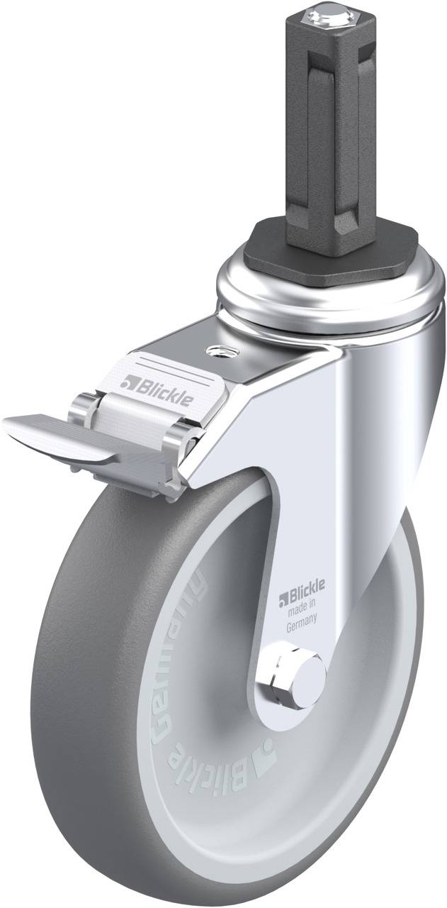 Schwenkrolle aus Metall mit grauem Rad, leicht drehbar. Oberer Teil für Befestigung an Gegenständen, geeignet für industrielle Anwendungen.