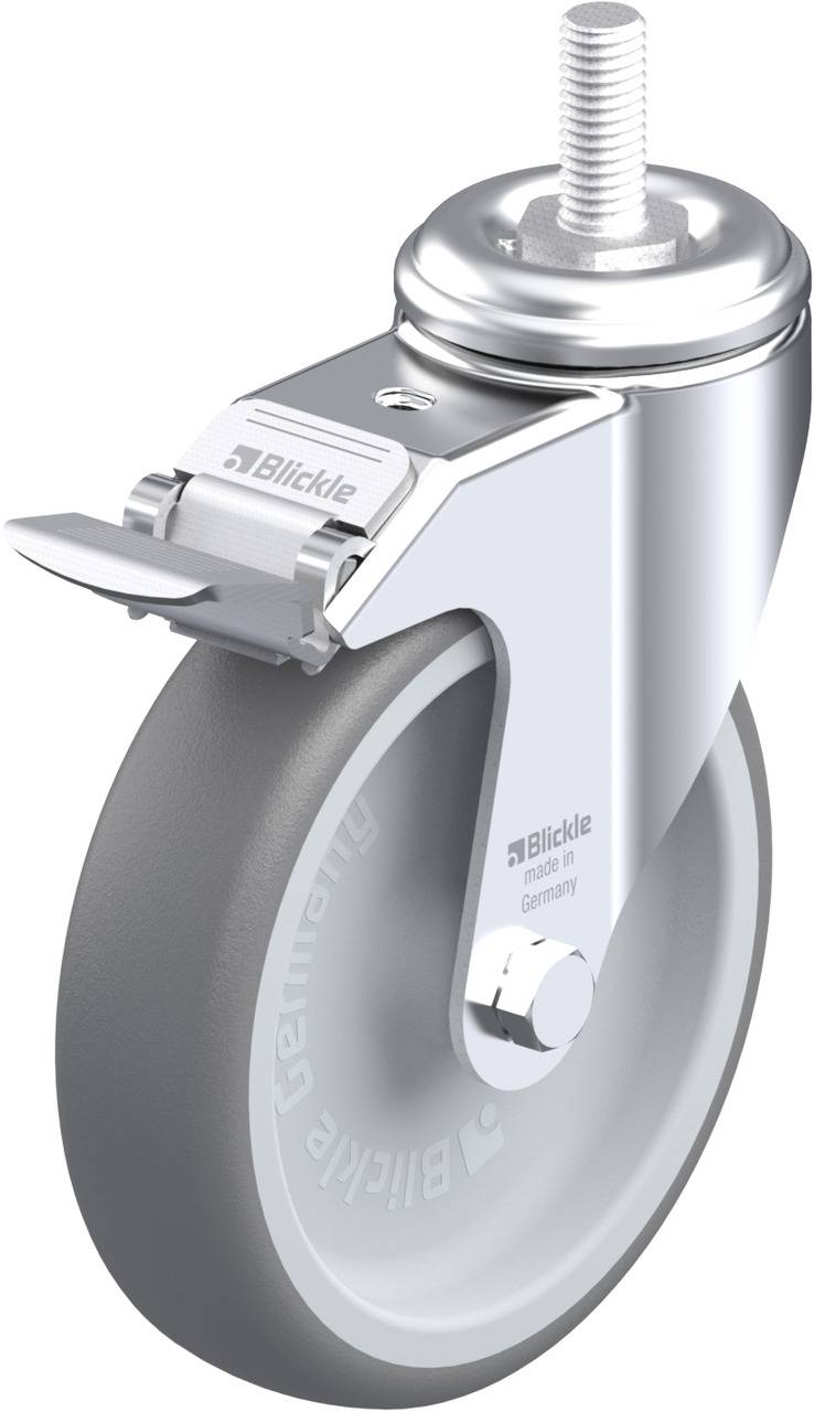 Industrielle Lenkrolle mit grauer Kunststofffelge und Metallgehäuse, geeignet für den Einsatz an Transportwagen oder Möbeln.