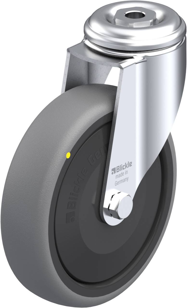 Graues Laufrollenrad mit glänzender Metallhalterung, seitlich montiert, geeignet für Möbel oder Transportgeräte.