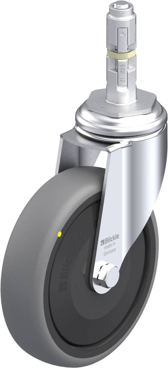 Schwenkrolle mit grauem Rad und silbernem Befestigungszapfen.