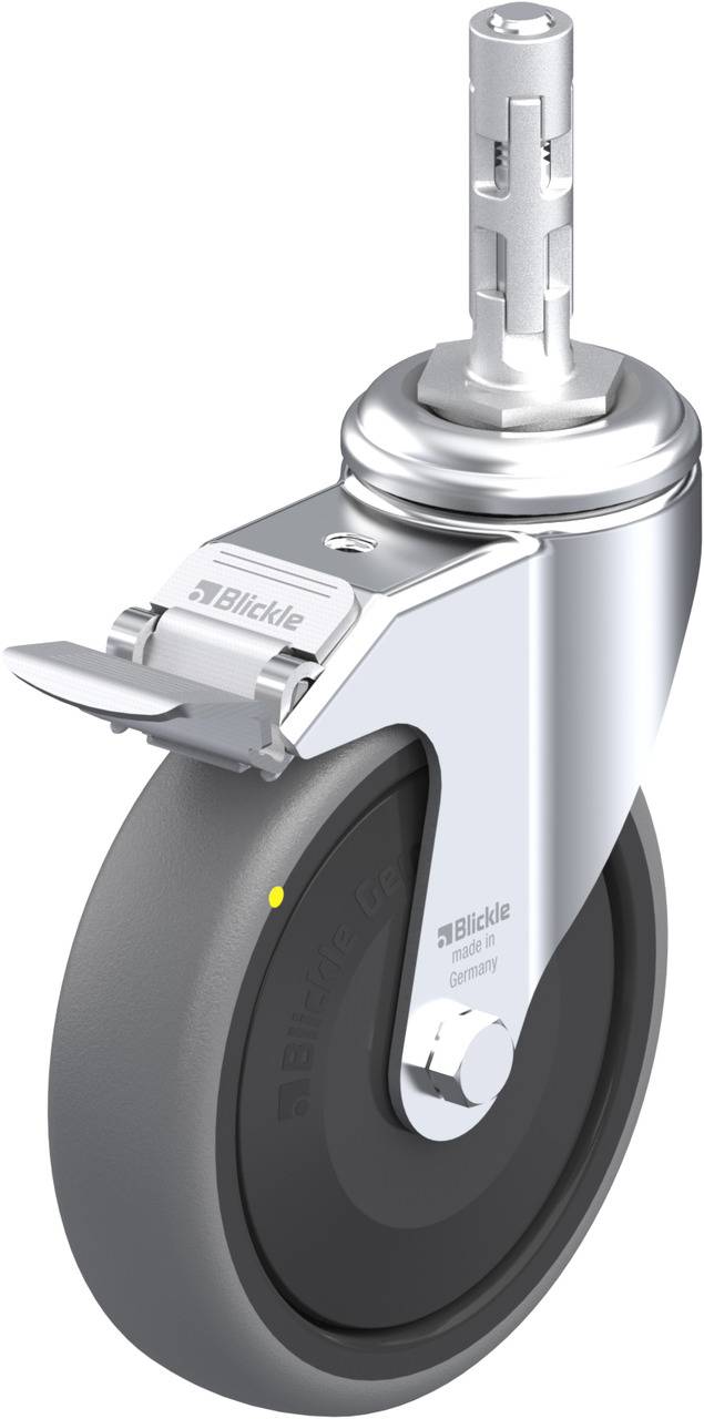 Graues Lenkrollenrad mit einem silbernen Gehäuse für industrielle Anwendungen, inklusive Bremse und drehbarem Gelenk.