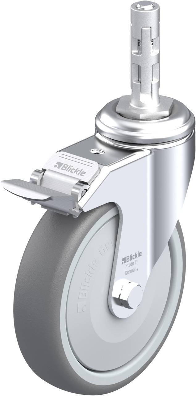 Rolle mit grauem Rad und glänzendem Metallgehäuse, geeignet für Transportwagen oder Möbel. Gezeigtes Modell hat Bremse oben.