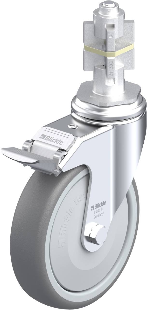Schwenkrolle mit grauem Rad, glänzendem Gehäuse und Aufdruck 'Blickle'. Geeignet für Möbel oder Geräte.