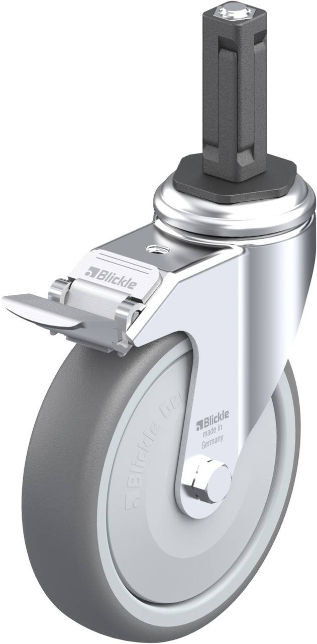 Metallisches Lenkrolle-Rad mit grauem Gummireifen, seitlichem Befestigungsmechanismus und Logo. Ideal für Transportgeräte.