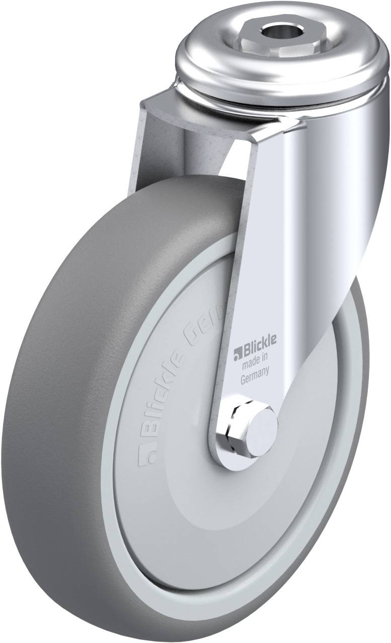 Graues Lenkrollenrad mit metallischer Halterung, ideal für Schwerlastanwendungen; robustes Design, hergestellt in Deutschland.