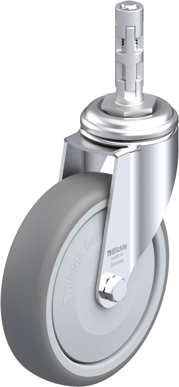 Eine graue, drehbare Rolle aus Gummi mit einer glänzenden Metallhalterung und Steckachse, geeignet für industrielle Anwendungen.