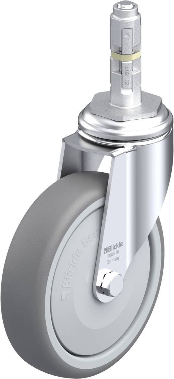 Grau-weißes Laufrollenrad mit drehbarer Metallhalterung und zylindrischem Stift.