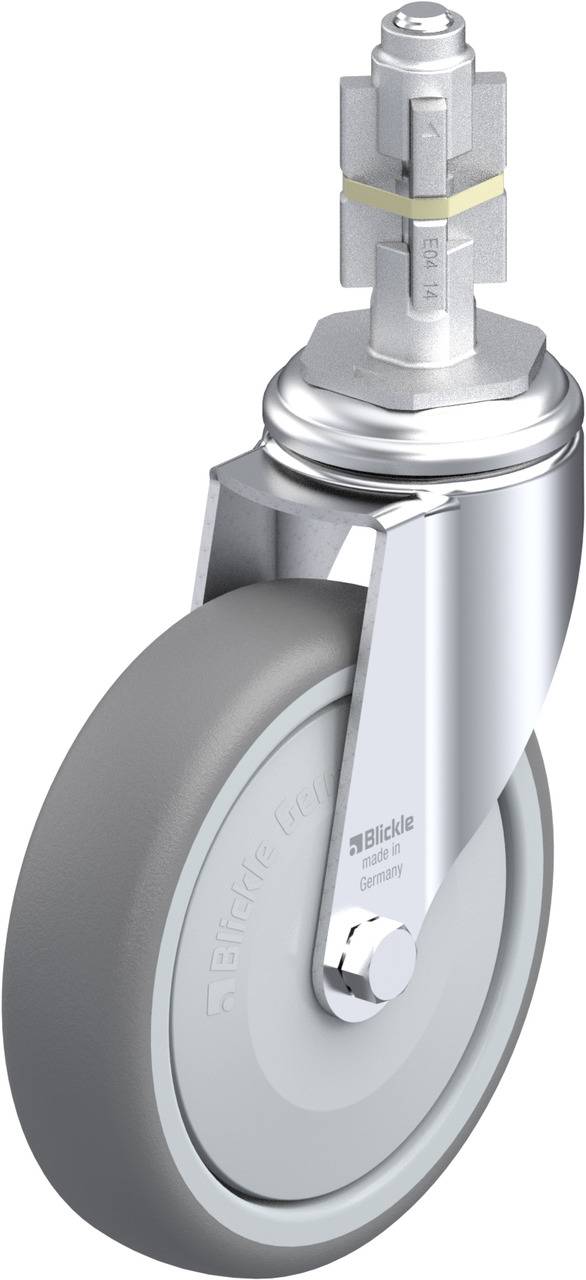Industrielle Lenkrolle mit grauem Rad, silbernem Gehäuse und Befestigungsbolzen. Markenname 'Blickle' seitlich graviert.
