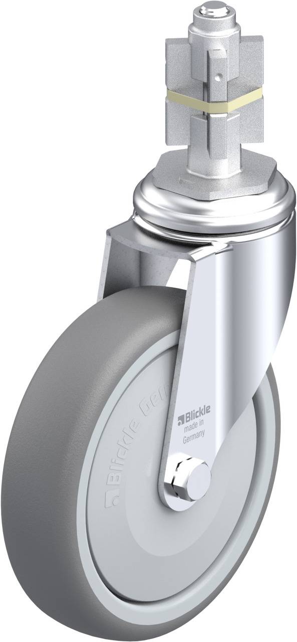 Schwenkrolle mit grauem Rad, silbernem Metallgehäuse. Verwendung für Möbel oder Transportgeräte, markiert mit 'Blickle'.