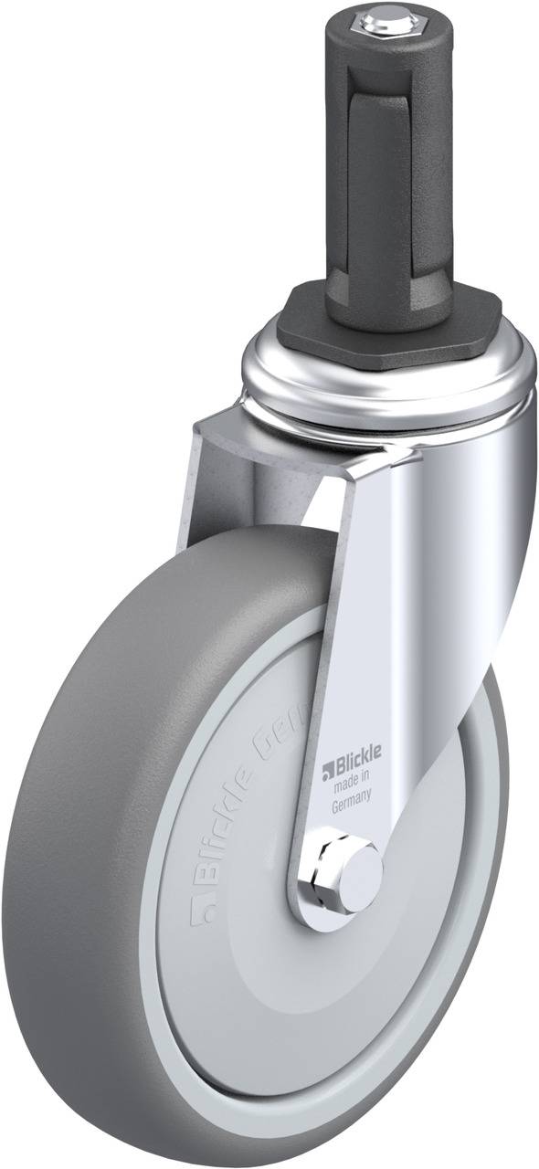 Graues Lenkrolle mit robustem Metallgehäuse und schwarzer Befestigungsplatte. Geeignet für Möbel oder Wagen.