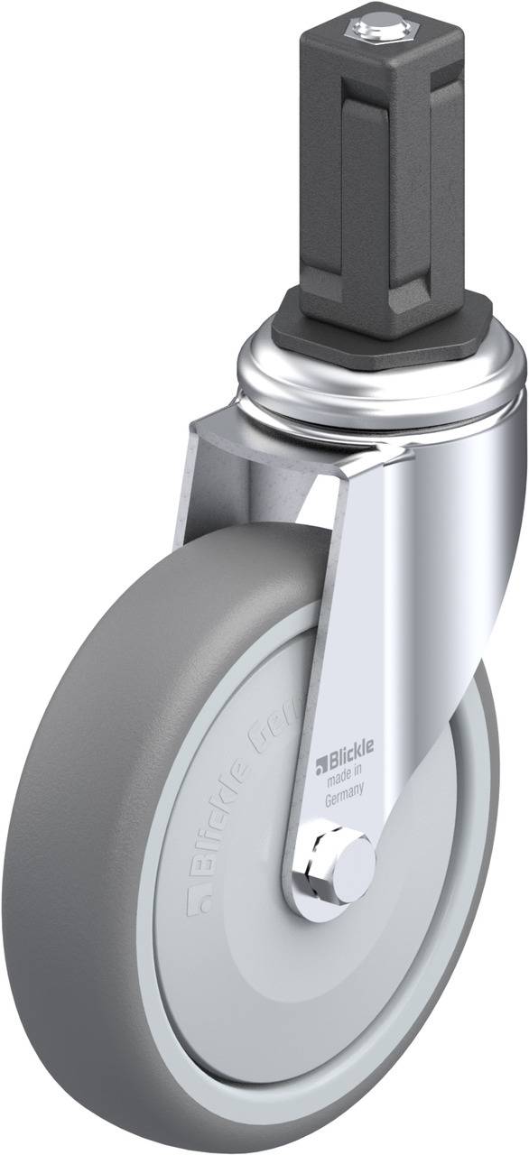 Laufrad mit hellgrauem Rad und schwarzer Schraube, montiert an einer glänzenden Metallgabel, geeignet für Möbel oder Industrieanwendungen.