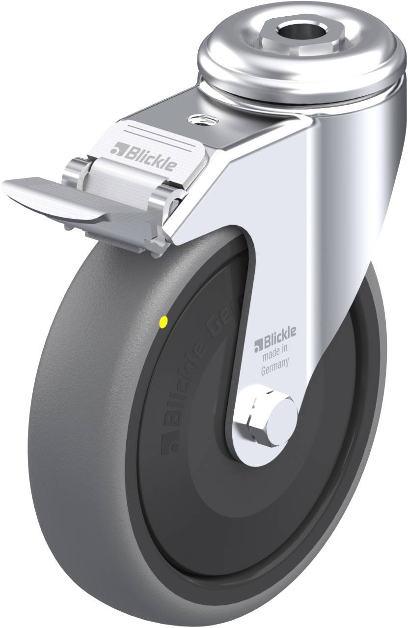 Industrielle Lenkrolle mit Bremse, silbernes Gehäuse und schwarzer Gummireifen. Markierung 'Blickle, made in Germany'.