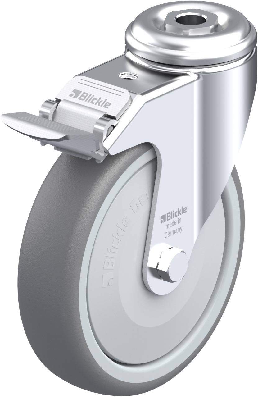Metall-Lenkrolle mit grauem Rad, markiert mit 'Blickle', geeignet für Möbel oder Industrieanwendungen. Robust und drehbar.