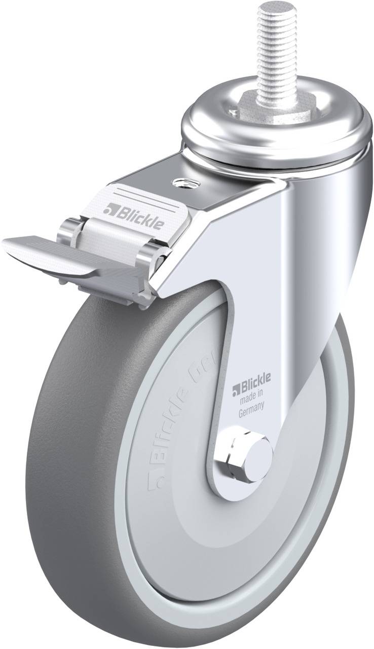 Schwenkrolle mit grauem Rad und Befestigungsbolzen, verchromt, mit einem feststellbaren Hebel an der Seite.