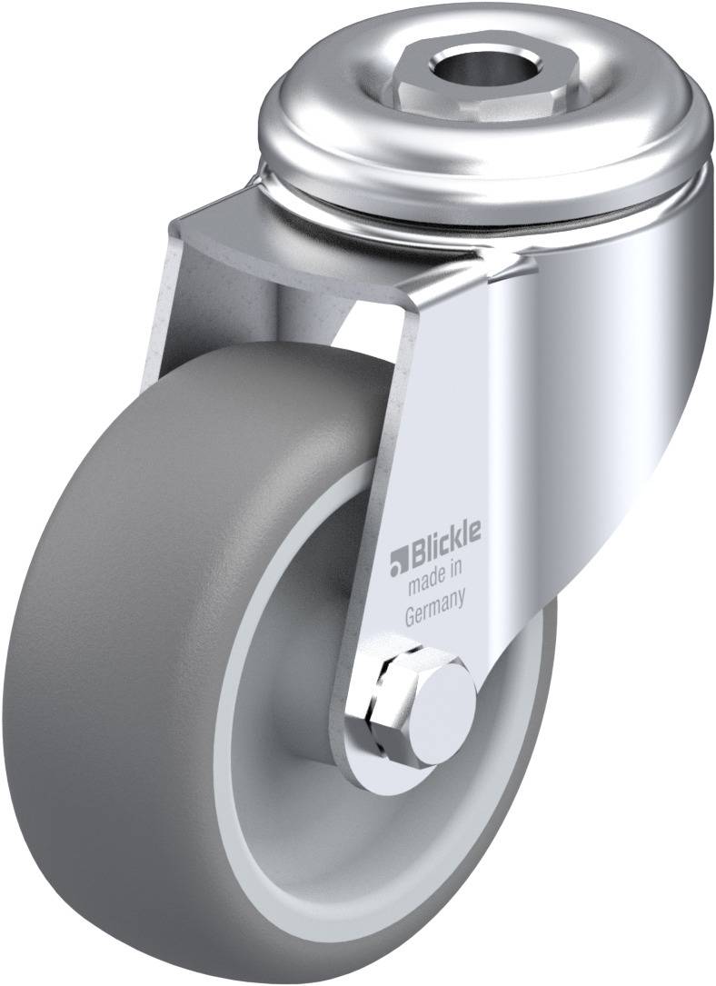 Ein silbernes Lenkrolle mit grauem Rad und der Aufschrift 'Blickle made in Germany' auf der Metallhalterung.