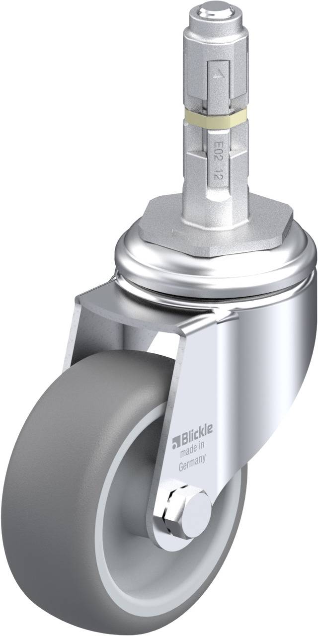 Das Bild zeigt ein graues Rad mit drehbarer Metallhalterung und einem Aufsatz für die Befestigung. 'Blickle made in Germany' steht darauf.