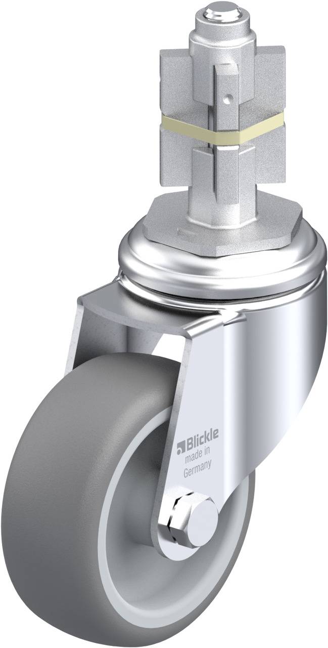 Schwenkrolle aus Metall mit grauem Rad, industrielles Design, Aufschrift 'Blickle Made in Germany', geeignet für schwere Lasten.