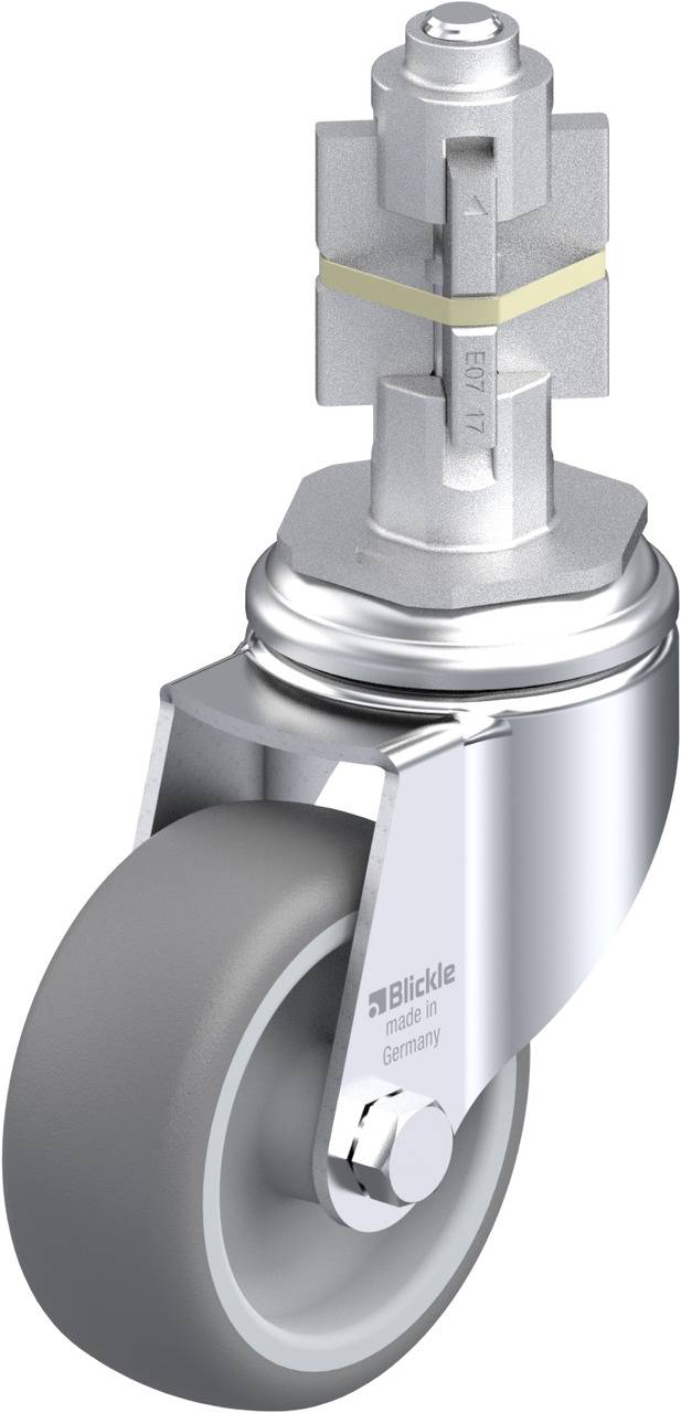 Grauer Kunststofflenkrolle mit Metallgehäuse und Bolzen; Marke 'Blickle', hergestellt in Deutschland.