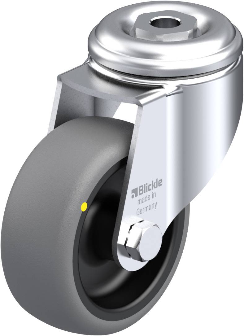 Metallisches Schwerlast-Lenkrolle mit grauem Rad in einem glänzenden Gehäuse, mit der Aufschrift 'Blickle made in Germany'.