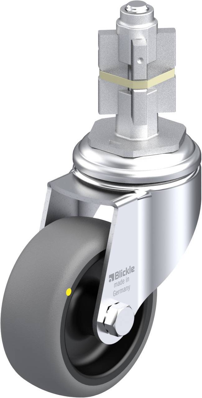 Drehbares Rollschwenkrad mit grauer Gummibereifung und verzinktem Gehäuse, geeignet für industrielle Maschinen.