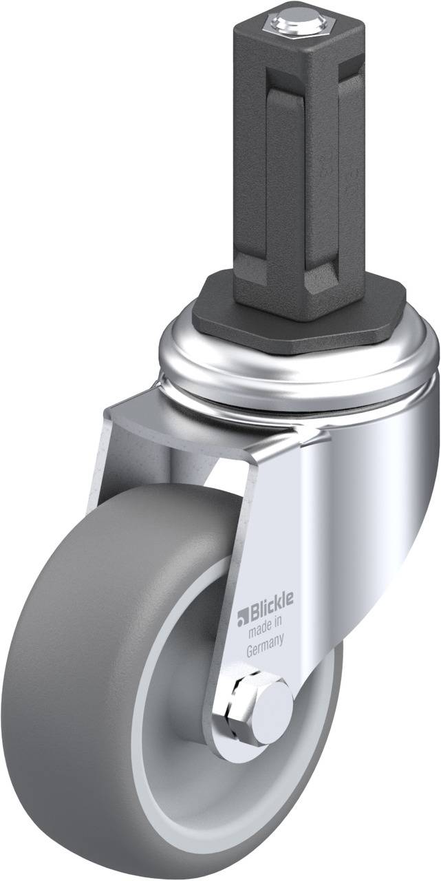 Graue Schwenkrolle mit Metallgehäuse und schwarzem Bolzen. Rolle zeigt ein Produktdesign mit Markennamen auf Gehäuse.