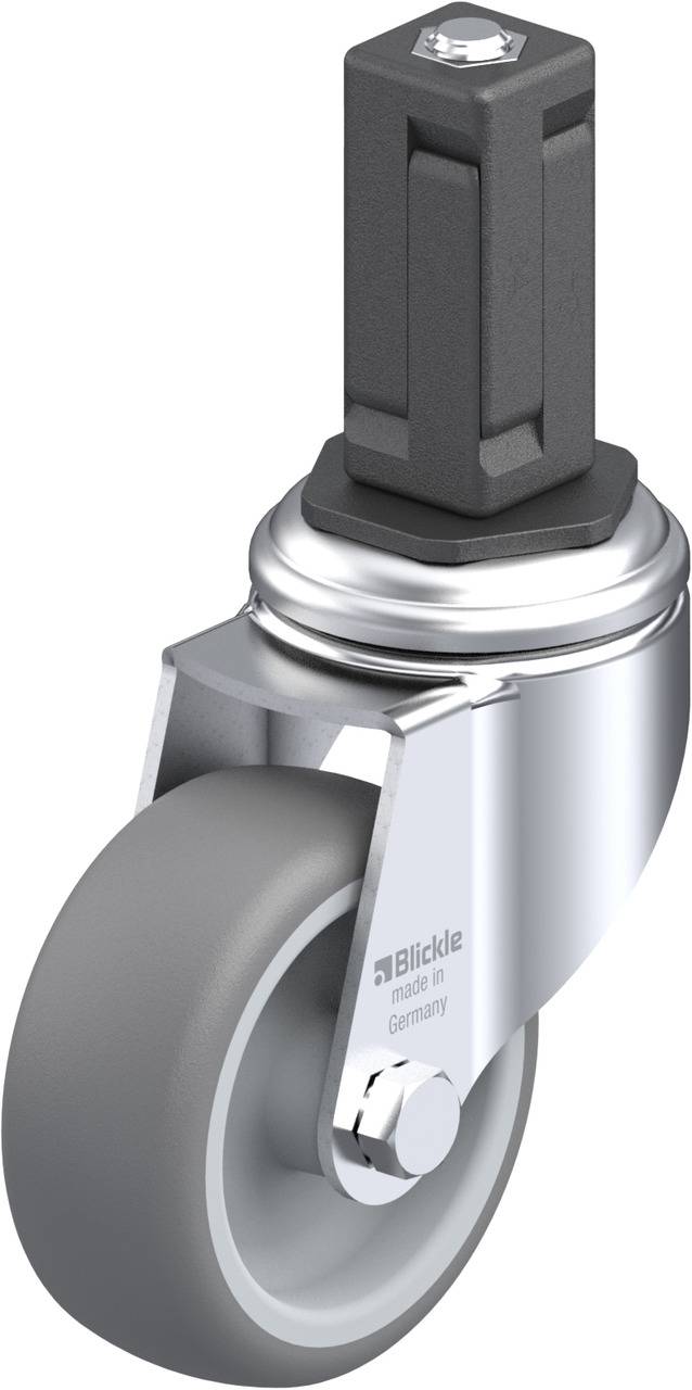 Drehbares Rad mit grauem Gummireifen und metallischem Gehäuse. Oben ist ein Steckzapfen zur Befestigung angebracht.