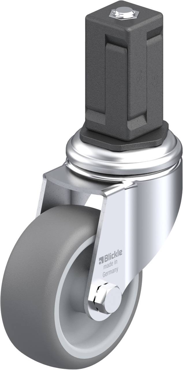 Schwenkrolle mit grauem Rad und schwarzem Vierkantstahlbolzen, Montagematerial. Geeignet für Industrieanwendungen.