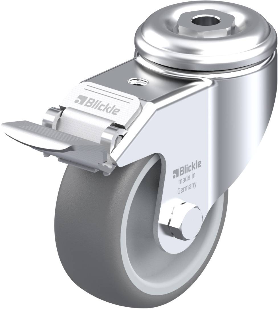 Ein glänzendes Metall-Rollenrad mit grauem Gummi und einem Befestigungsmechanismus, beschriftet mit 'Blickle made in Germany'.