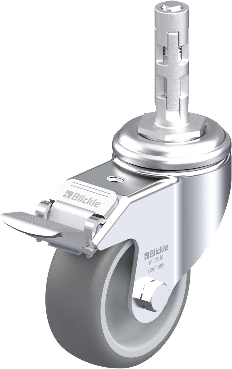 Rollenrad mit Bremse und Steckverbindung, metallisch glänzend, vorgesehen für industrielle Anwendungen; Marke: Blickle, Made in Germany.