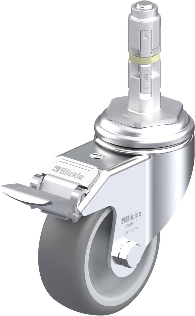 Schwenkrolle mit grauem Rad und Metallhalterung, Aufschrift 'Blickle'.