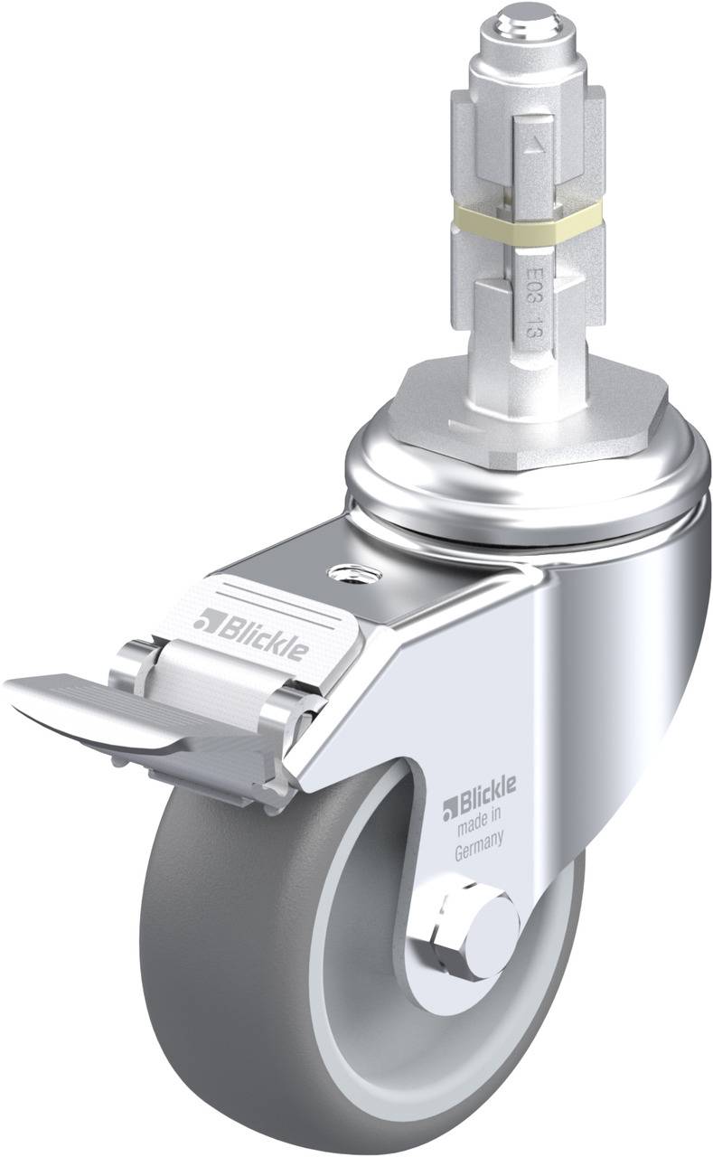 'Blickle' Lenkrolle aus Metall mit grauem Rad und Feststeller, geeignet für Möbel oder Ausrüstungen. Hergestellt in Deutschland.