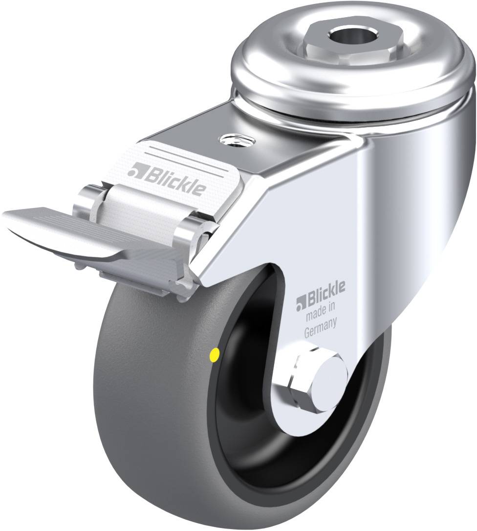 Rolle aus Metall mit Bremse und schwarzem Rad, hergestellt in Deutschland, Markenname ist auf der Seite eingraviert.