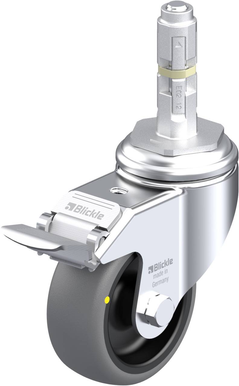 Schwenkrolle mit schwarzem Rad und grauem Gehäuse, Metallzapfen oben. Geeignet für den industriellen Einsatz.