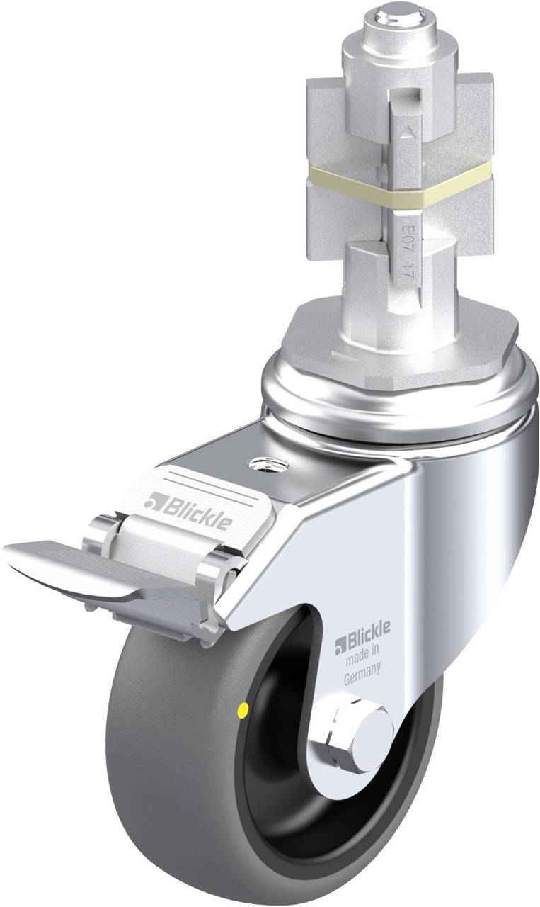 Schwenkrolle mit Bremse und silbernem Gehäuse aus Metall. Geeignet für Möbel oder Geräte mit hoher Belastung.