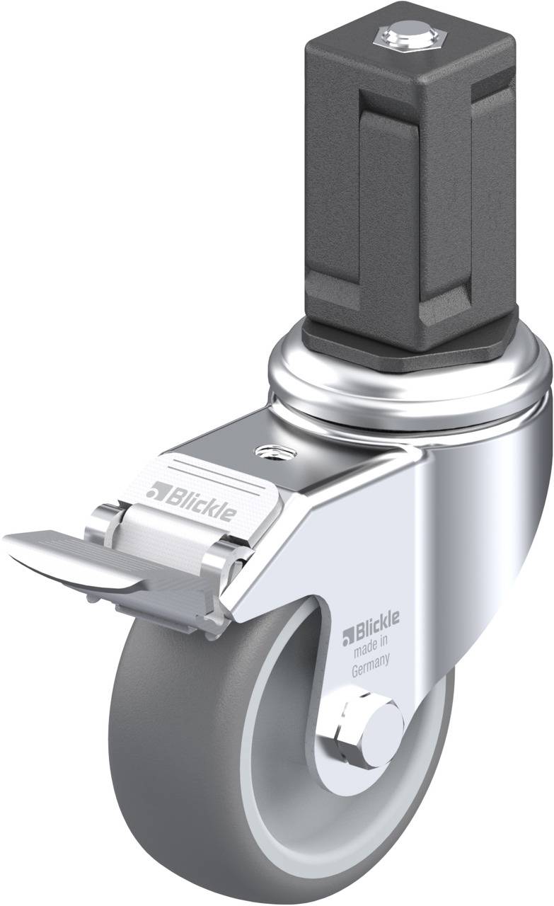 Ein graues Lenkrolle mit einem Metallgehäuse und einer Befestigungsmöglichkeit. Geeignet für Möbel oder Industrieausrüstung.