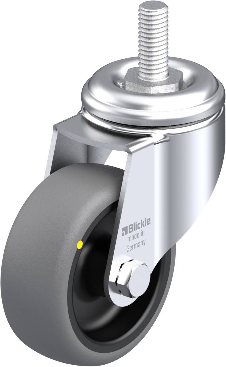 Graue Lenkrolle mit schwarzem Rad und silbernem Gehäuse, Aufschrift 'Blickle made in Germany'.