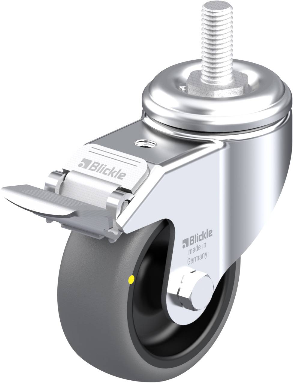 Industrie-Lenkrolle aus Metall mit grauem Rad, Befestigungsbolzen und beweglichem Bremssystem. Luftpumpen-Design.