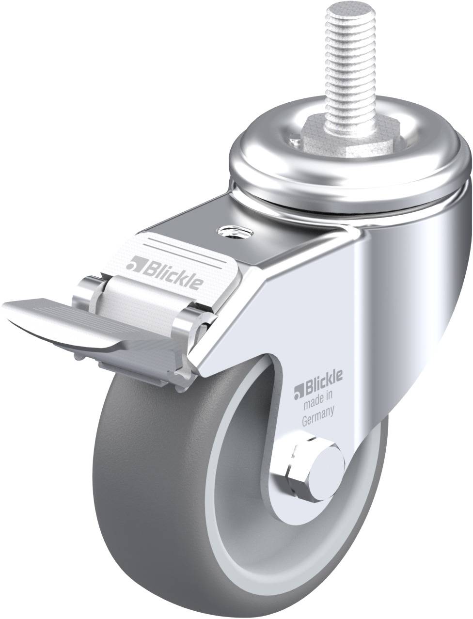 Lenkrolle mit grauem Gummirad und Metallhalterung, Beschriftung 'Blickle made in Germany' auf der Halterung.