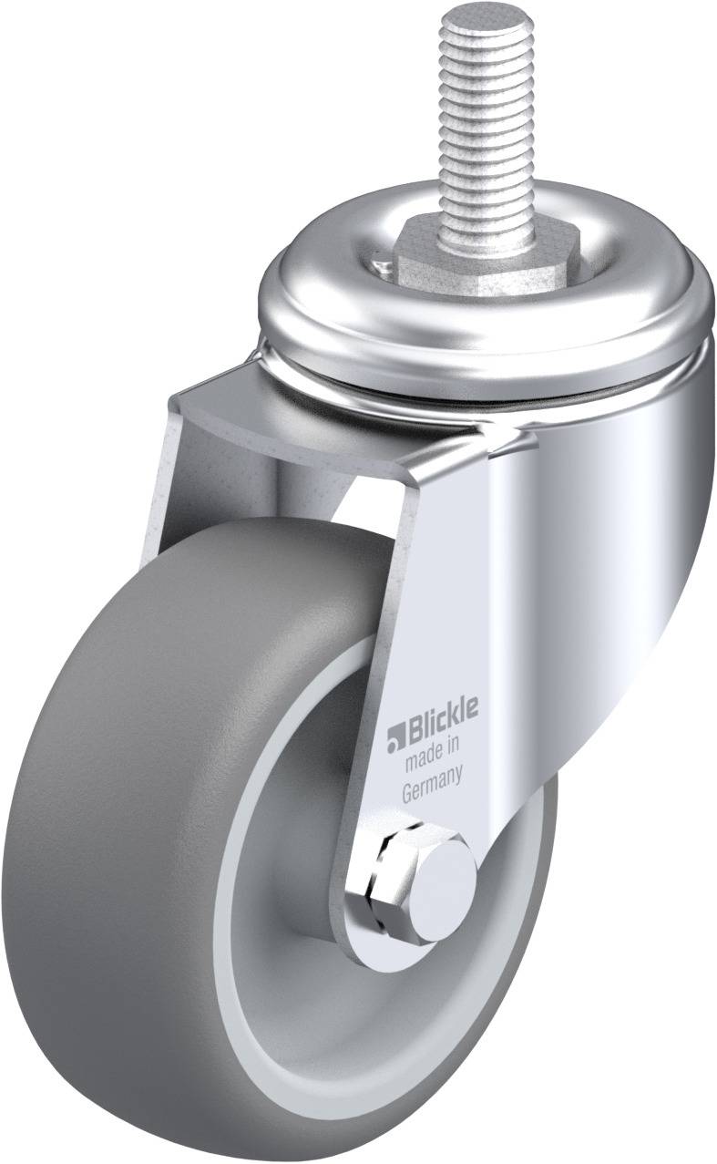 Graues Lenkrolle aus Metall mit Gewindestift, hergestellt in Deutschland, markiert mit 'Blickle'.